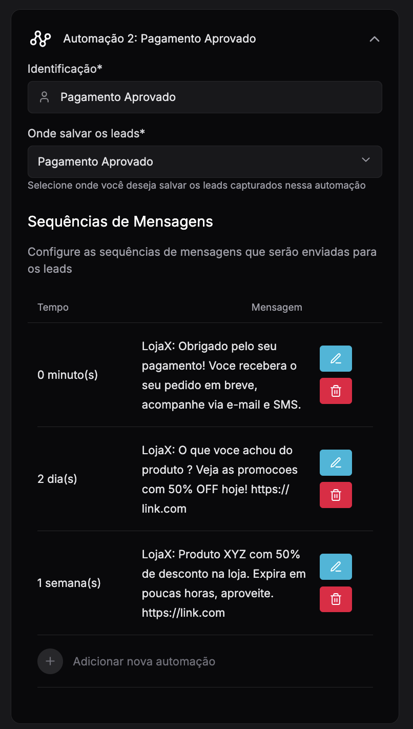 Painel de automações da Integrax — configurando sequência de mensagens com gatilho, identificação, intervalo e variáveis